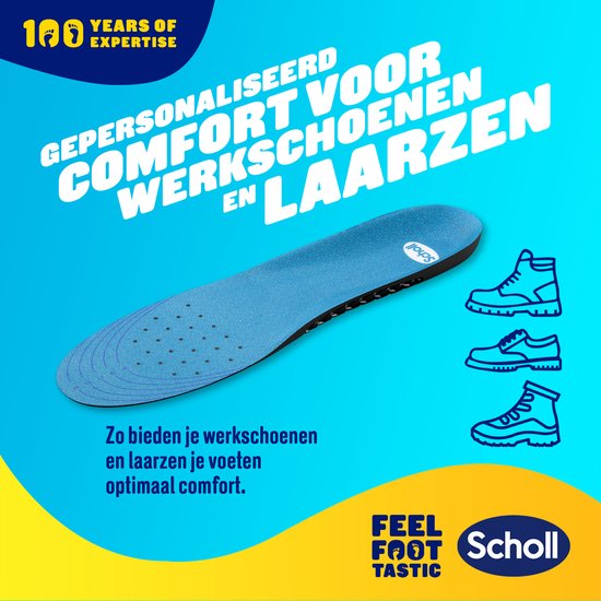 Semelle Scholl GelActiv bleue pour chaussures de travail et bottes, avec motif à pois et texte sur le confort.