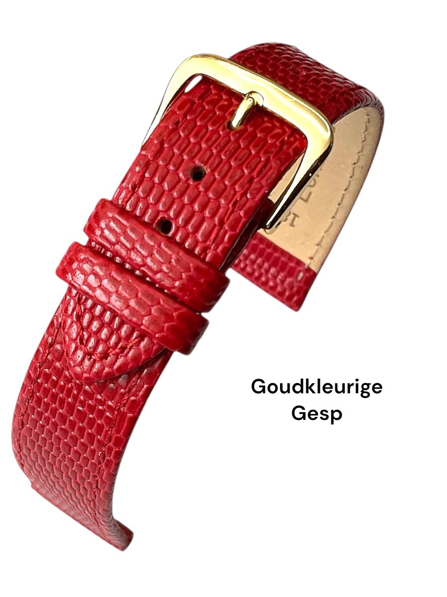 Horlogeband-horlogebandje-14mm-rood -croco-lizard print-echt leer-plat-goudkleurige gesp-leer-14 mm