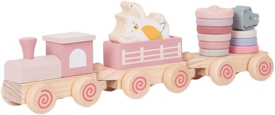 Speelgoedtopdeals - Houten Speelgoedtrein Roze – Stapelblokken – Voertuig - Locomotief