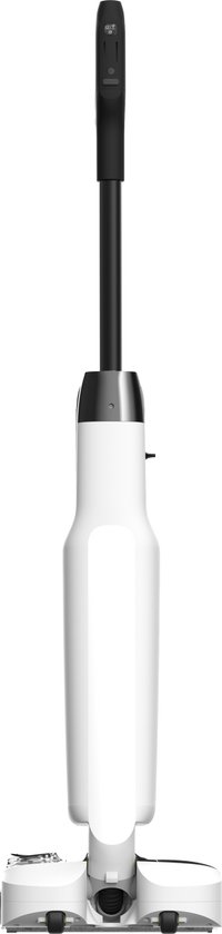 Witte Tineco vloerreiniger met een plat ontwerp, op een witte achtergrond.