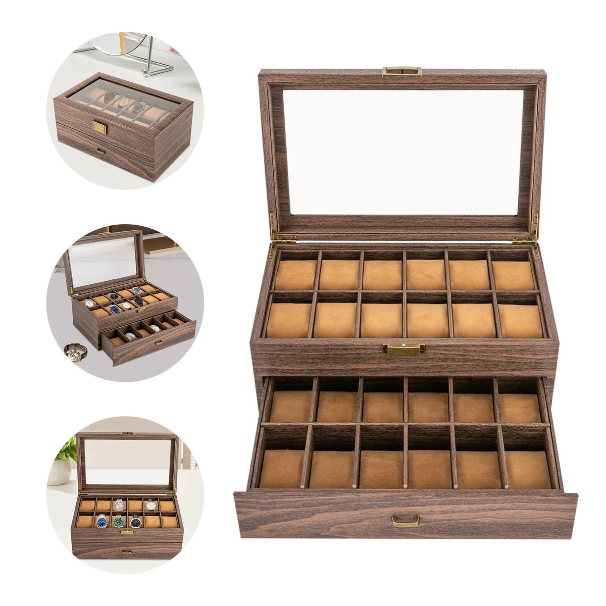 Houten Horloge Box - Geschikt voor Horloges en Sieraden - 24 Compartimenten met 24 Kussentjes - Bruin