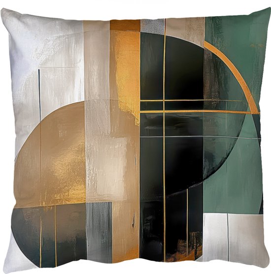 Coussin abstrait or, bronze, vert et noir. Un design géométrique moderne.