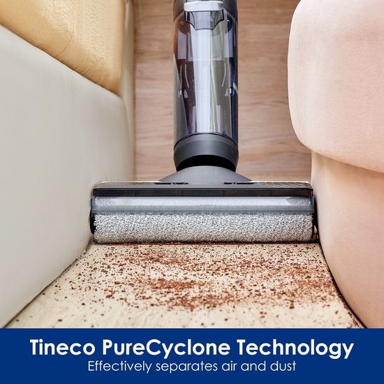 Tineco vloerreiniger zuigt kruimels op, met de tekst 'Tineco PureCyclone Technology'.