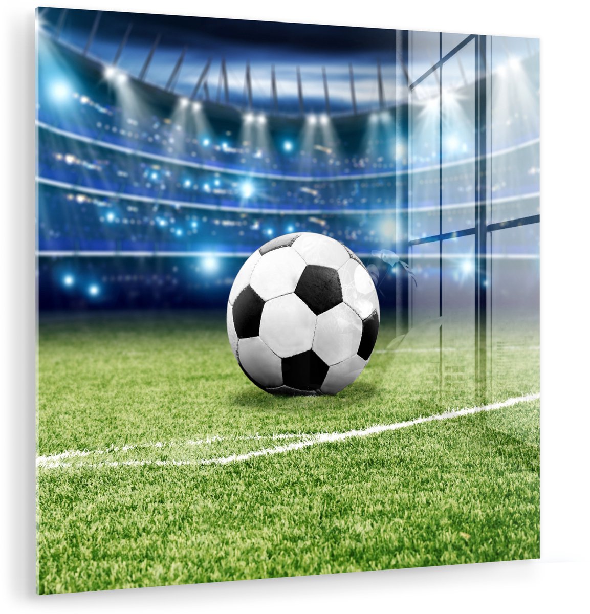 MuchoWow® Glasschilderij 90x90 cm - Schilderij acrylglas - Voetbal - Stadion - Bal - Jongens - Foto op glas - Muurdecoratie woonkamer - Wanddecoratie slaapkamer - Schilderijen