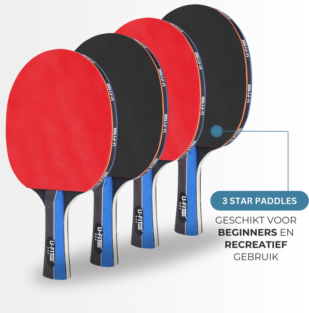 U Fit One Complete Tafeltennis Set met Ballen en Net - 4 Tafeltennisbatjes - 30 Tafeltennisballen - 2 Tafeltennisnetten - Table Tennis Rackets - Pingpong - Met Opbergtas - 3 Star — afbeelding 2