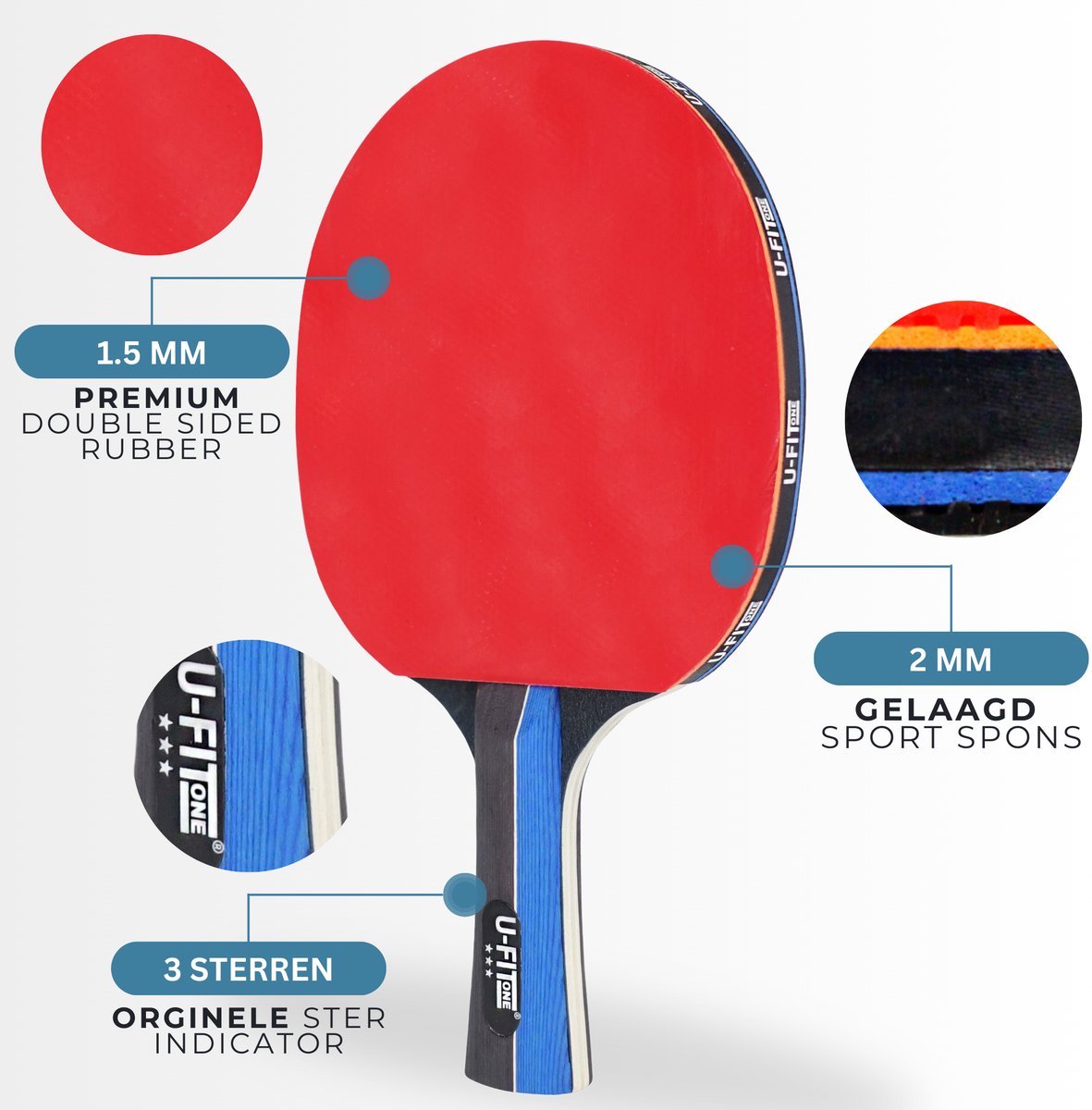 U Fit One Complete Tafeltennis Set met Ballen en Net - 4 Tafeltennisbatjes - 30 Tafeltennisballen - 2 Tafeltennisnetten - Table Tennis Rackets - Pingpong - Met Opbergtas - 3 Star — afbeelding 3