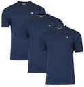 Drie donkerblauwe Donnay T-shirts met witte logo's op de borst.