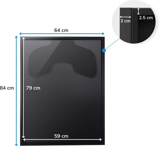 Zwarte lijst van 84x64 cm, met binnenmaat 79x59 cm. Profiel is 3 cm diep en 2,5 cm breed.