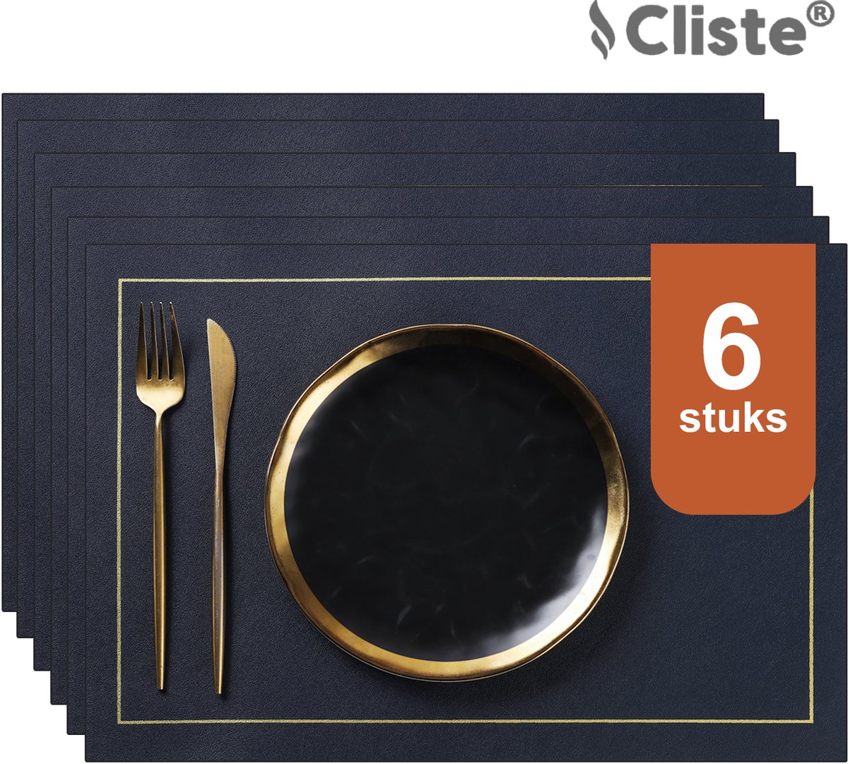 Cliste Luxe Dubbelzijdige Lederlook Placemats Set van 6 - Blauw en Geel - 45x30 cm - Antislip Placemat van Kunstleer - Onderzetter - Placemats