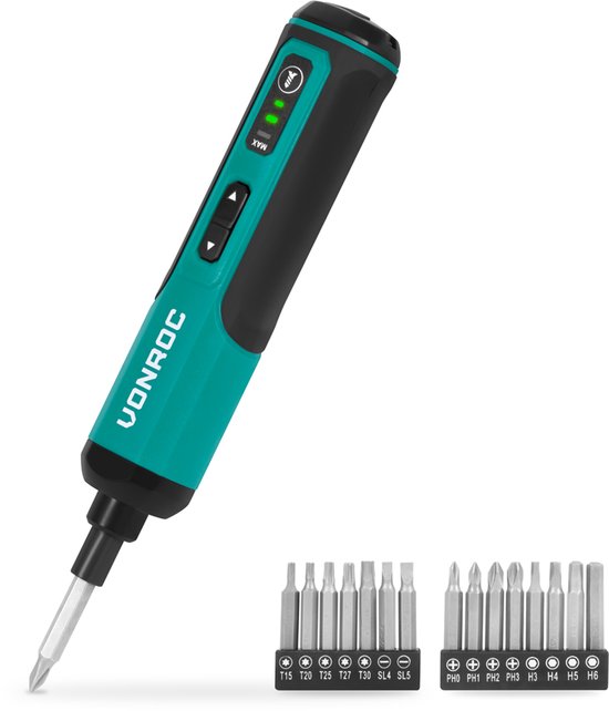 Elektrische Schroevendraaier 4V VONROC – Compact, Krachtig, 15-delige Bitset, USB-C Oplader, LED Verlichting