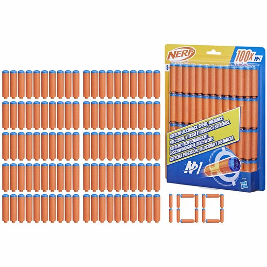 Nerf verpakking met 100 oranje pijltjes met blauwe doppen, naast 100 losse pijltjes.