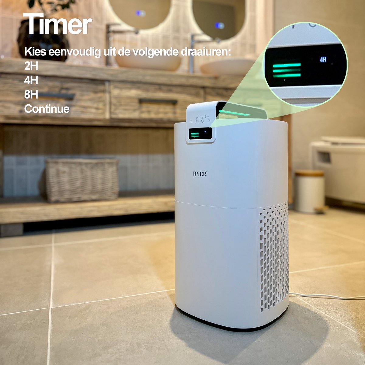 RYER Luchtreiniger XL - HEPA 13 filter + Koolstoffilter - CADR 350 m3/u - Helpt bij hooikoorts, allergieën, huisstofmijt en stof - Luchtkwaliteitsindicator - Slaapstand - Met App thumbnail 3
