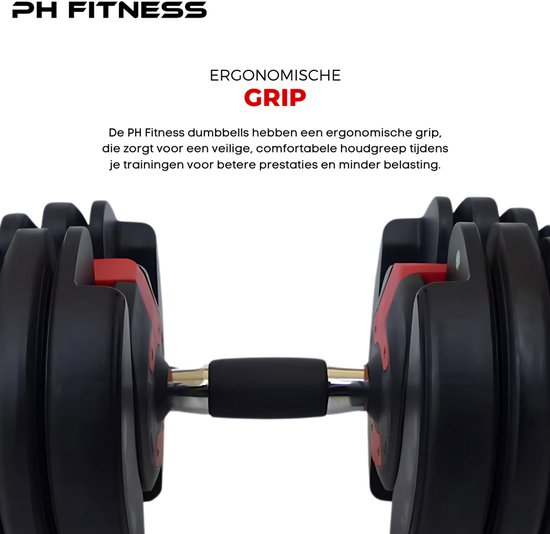 Zwarte verstelbare dumbbell met rode accenten en ergonomische grip.