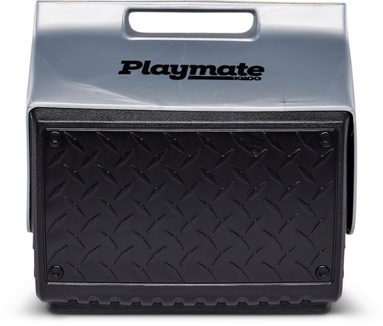 Zwarte Igloo Playmate koelbox met diamantplaatpatroon op de voorkant
