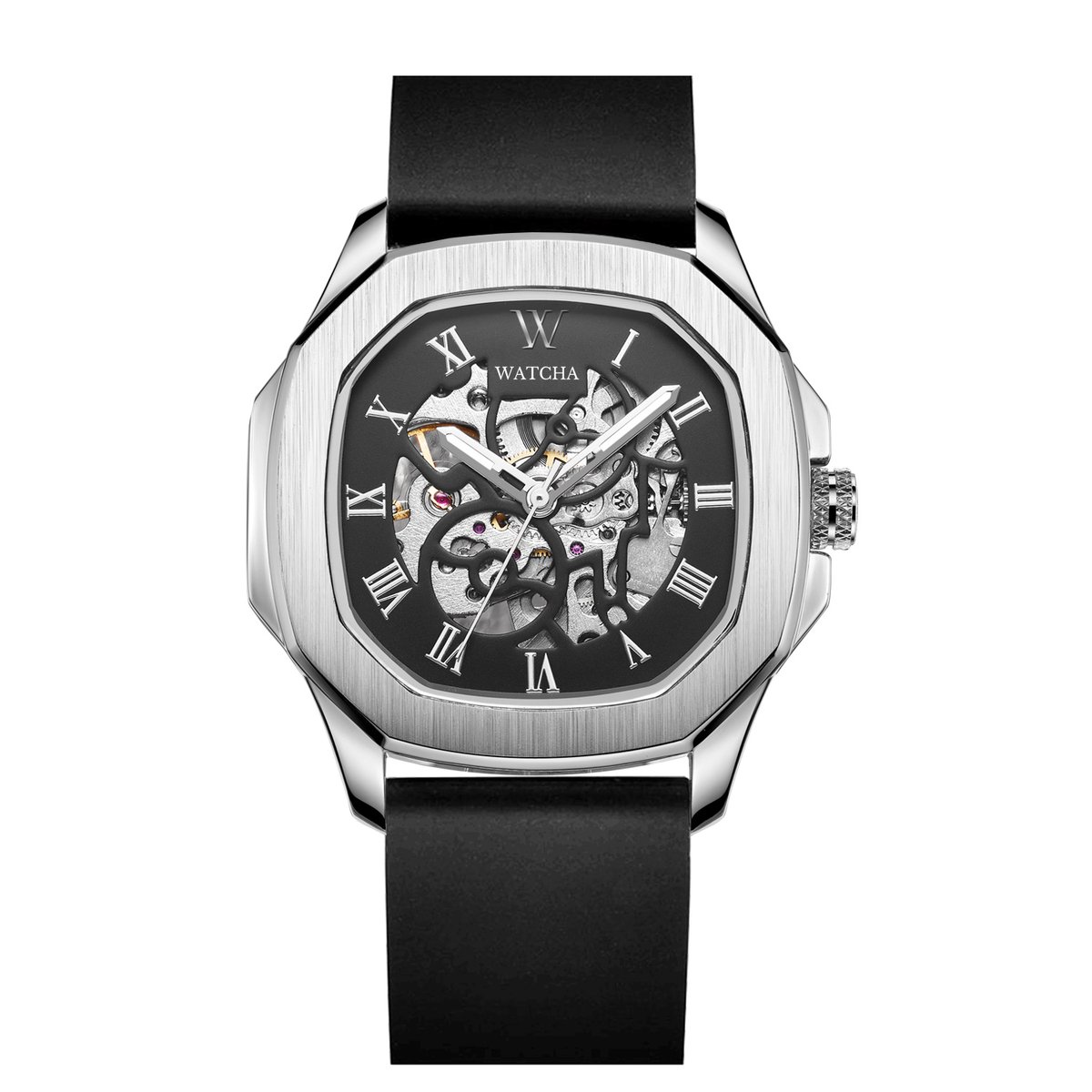 Watcha Skeleton - Unisex Horloge - Argentum Silver - 43mm - Vierkant