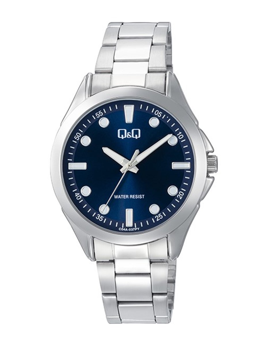 QQ C04A-037PY - Horloge - Polshorloge - Analoog - Heren - Mannen - stalen band - Rond - Metaal - Streepjes - Cijfers - Stippen - Zilverkleurig - DonkerBlauw - Wit