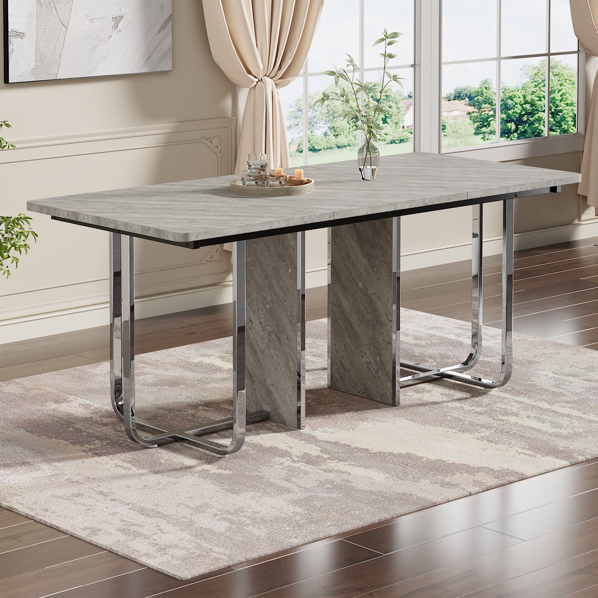 Sweiko Eettafel - MDF tafelblad - Metalen poten - Rechthoekig - Voor 6 personen - Grijs + Zilver
