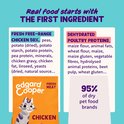 Afbeeldingen die verse kip en gedehydrateerde dierlijke eiwitten benadrukken, met de tekst 'Real food starts with THE FIRST INGREDIENT'.