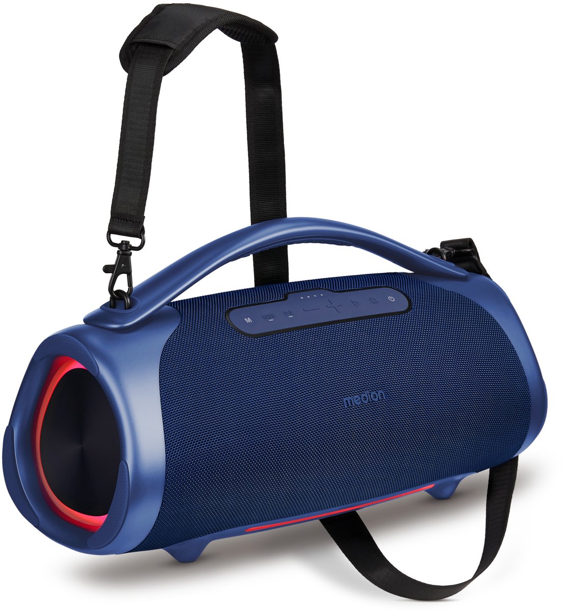 MEDION P61768 draagbare Bluetooth luidspreker (oplaadbare batterij, bass boost, RGB lichteffecten, IPX7 waterbescherming & robuust, geïntegreerde powerbank, 100W (RMS) totaal, 2x 25W + 50W) Blauw