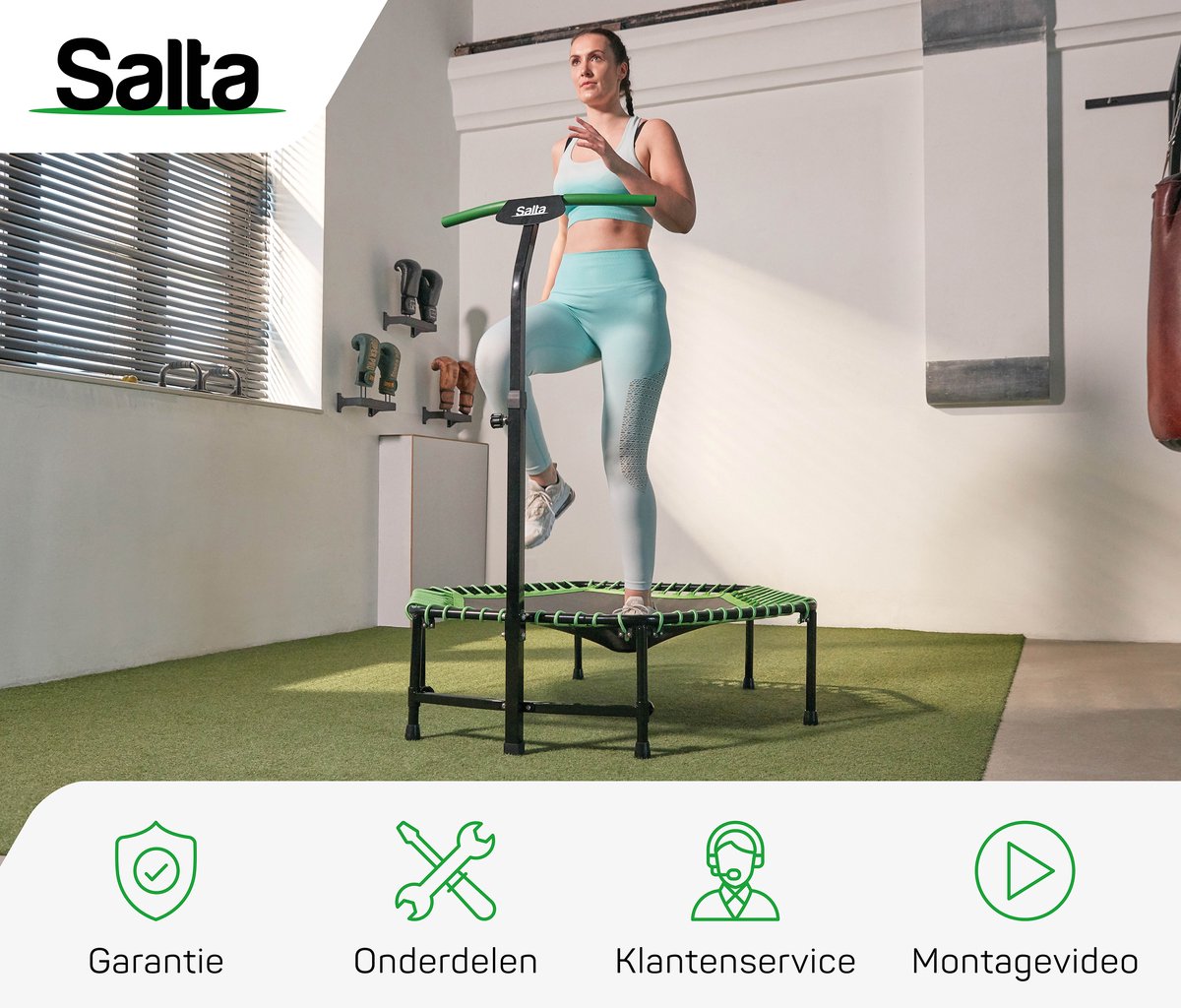 Salta Fitness - 128 cm - Belastbaar tot 110 kg - Fitness / sport trampoline met verstelbaar handvat - Elastieken veren, stevig frame - Mini trampoline volwassenen met handgreep in 5 hoogtes - Groen — afbeelding 2