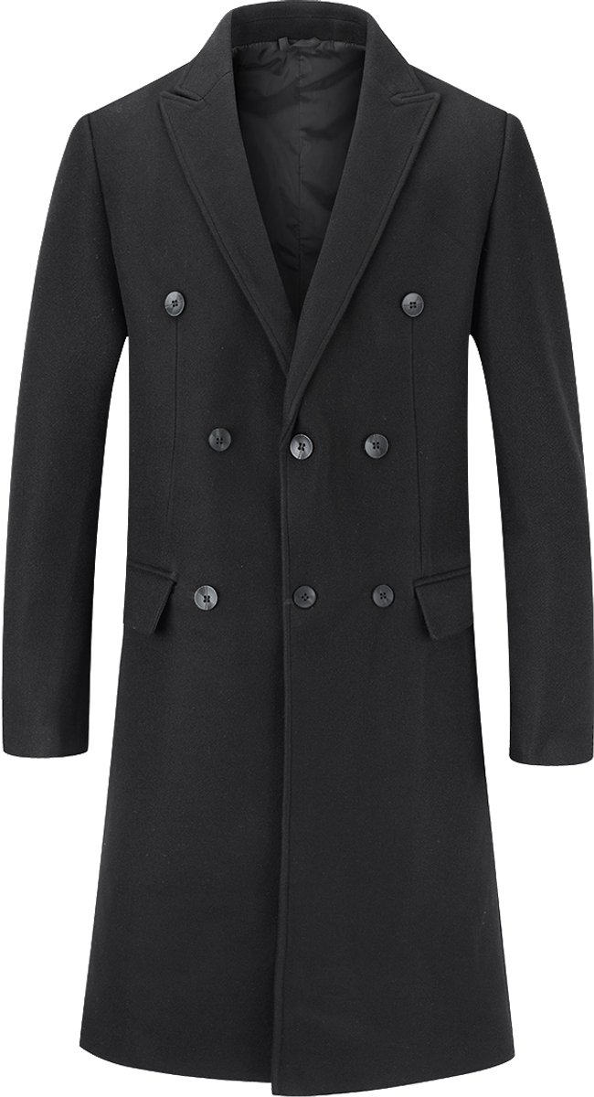 ALLTHEMEN Heren Knielange Mantel Double Breasted Jas - Wollen Lange Slim Fit Jassen - XS