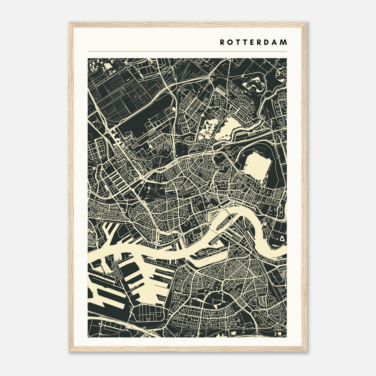 Moderne minimalistische plattegrond van Rotterdam - Stadskaart donkergrijs/beige - Stijlvol design city map poster - Groot formaat 50x70 cm - Premium papier