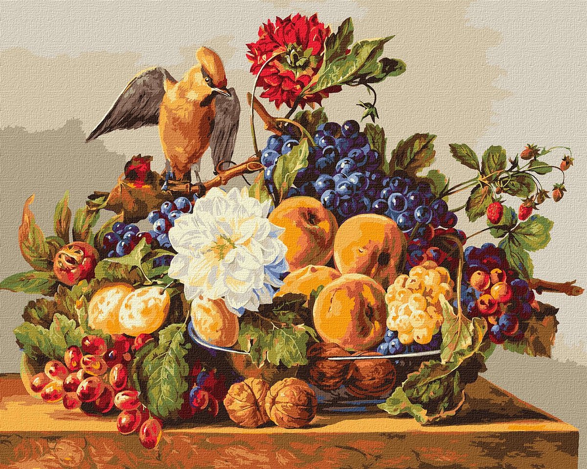 Schilderen op Nummer voor Volwassenen - Vogel en Fruitmand - op Frame - 40x50 cm - Moeilijkheidsgraad Expert