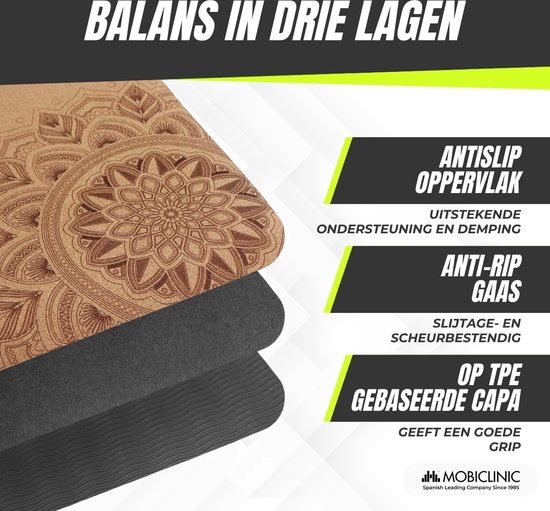 Mobiclinic EY-02 - Yogamat van kurk - Natuurlijke kurkmat - TPE - Yoga mat - Ecologisch - Antimicrobieel - Antislip - Evenwichtige demping - Inclusief draagtas - 183 x 61 x 0.4 cm van Mobiclinic — afbeelding 3