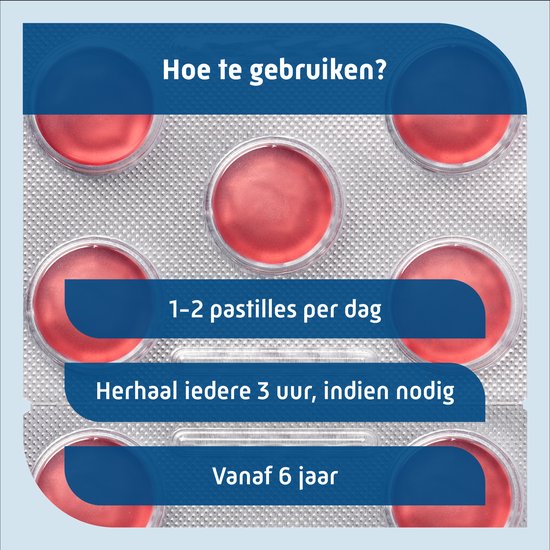 Blisterverpakking met 6 rode pastilles. Tekst: Hoe te gebruiken? 1-2 pastilles per dag. Herhaal iedere 3 uur, indien nodig. Vanaf 6 jaar.