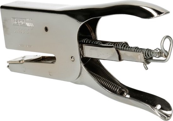 Zilverkleurige niettang, opengeklapt met zichtbaar mechanisme.