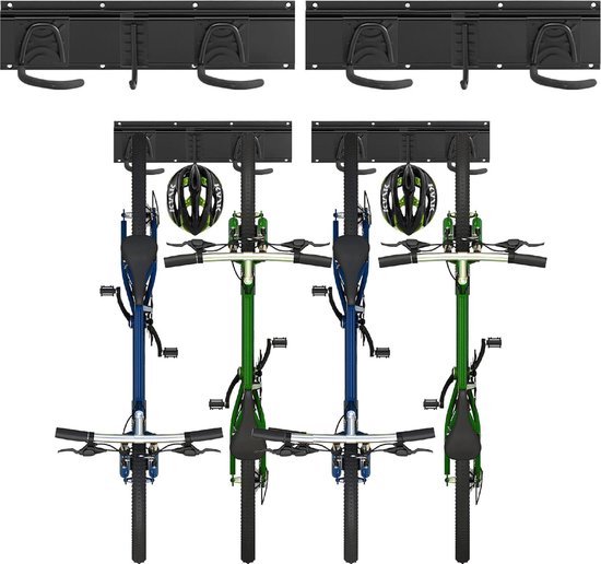 Sinoer Fietswanddrager, wandhouder voor 4 fietsen 2 helmen, gereedschapsopberghaak instelbaar voor garage of thuis, verticale fietsaanhanger (binnenbreedte: 90 mm) - 2 rails