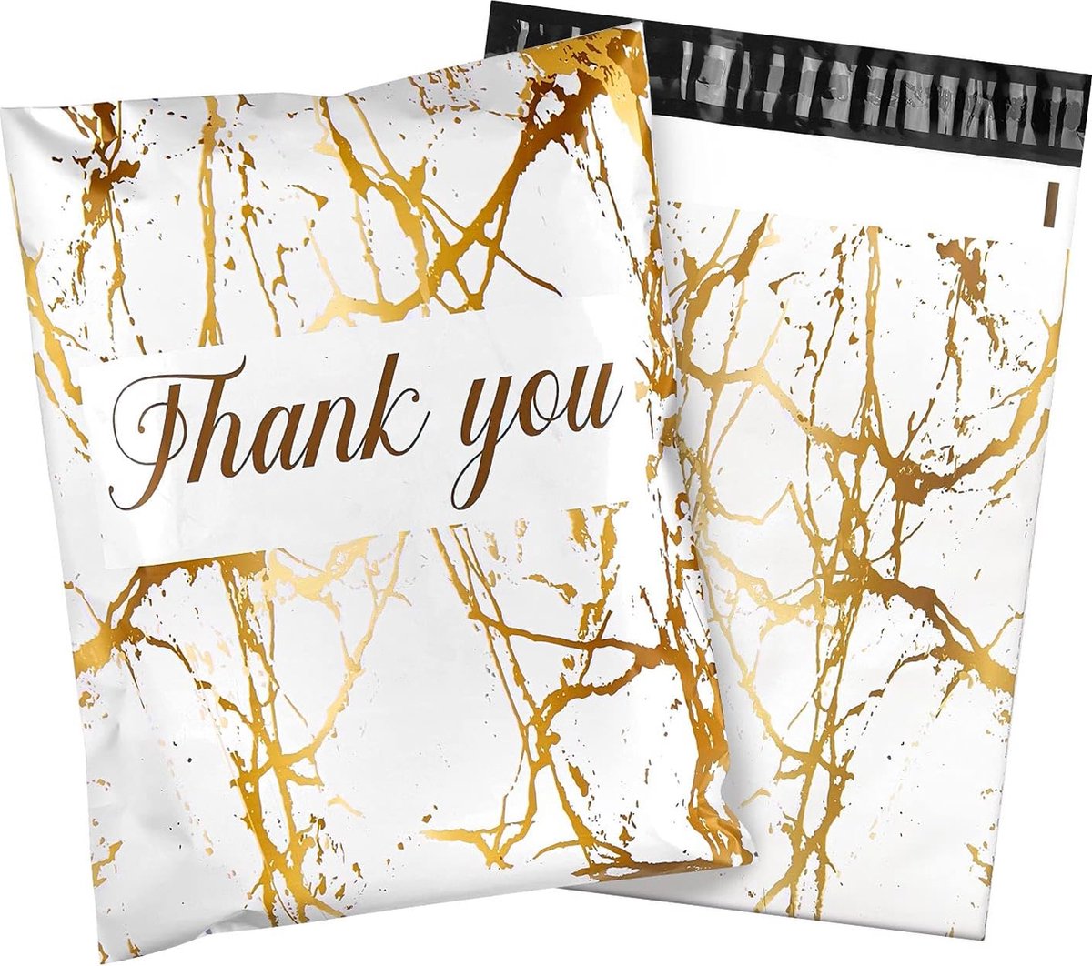 50 x Kleurrijke polyethyleen verzendzakken met handvat "Thank you" Gold marble wit formaat B4 25,5 x 37 cm- kunststof / Webshopzakken voor kleine bedrijven en kleding / Plastic Envelop / Verzendenveloppen / Koerierszakken / Poly Mailer