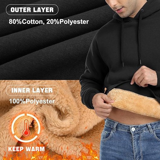 Details van de hoodie: buitenlaag van 80% katoen, 20% polyester. Binnenlaag van 100% polyester. Thermometer icoon met "Keep Warm".