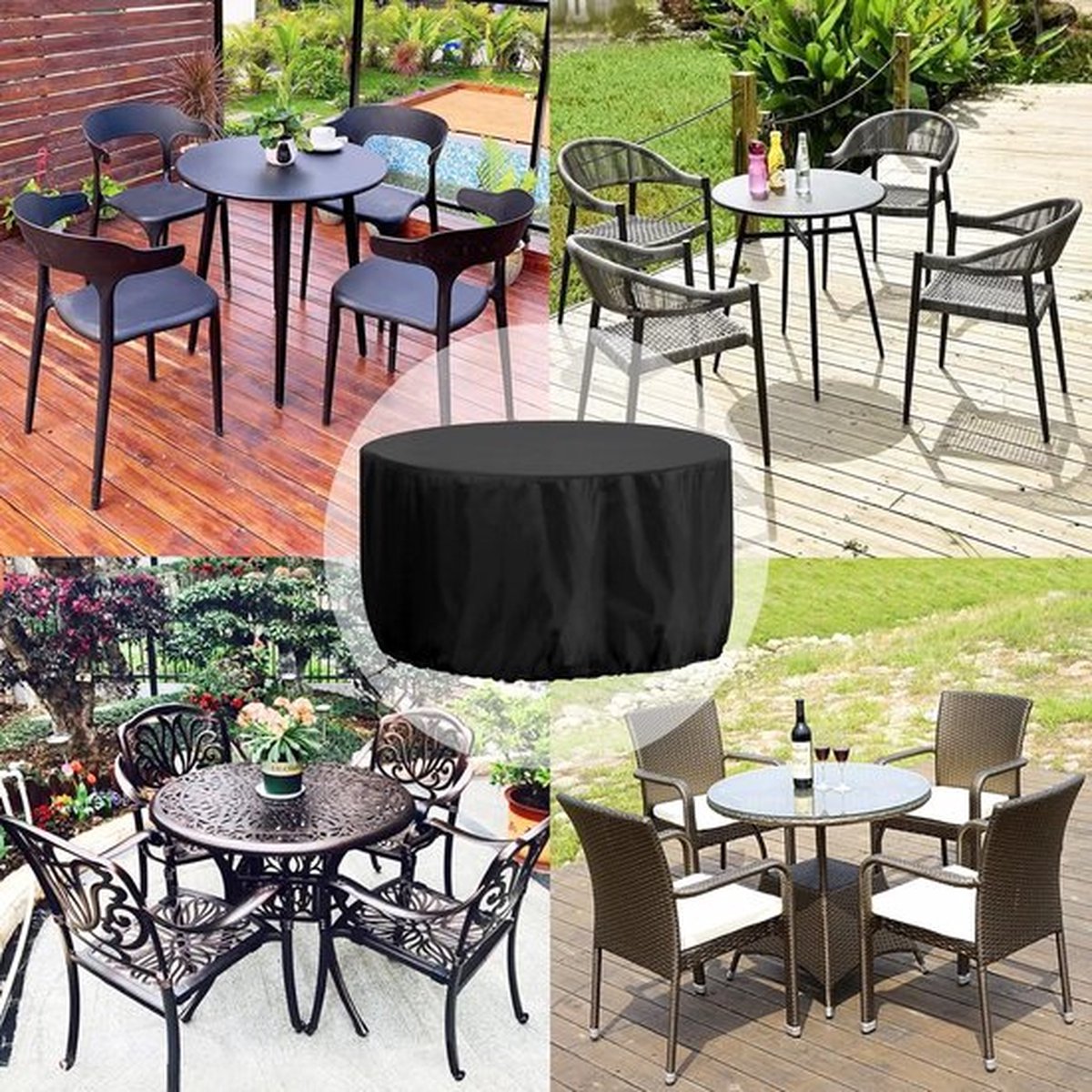 Ronde tuinmeubelhoezen waterdicht, grote ronde tuintafelhoes 230 x 90 cm, zware 420D ronde tafelhoes voor buiten, winddicht, anti-uv ronde meubelhoezen patio set cover zwart