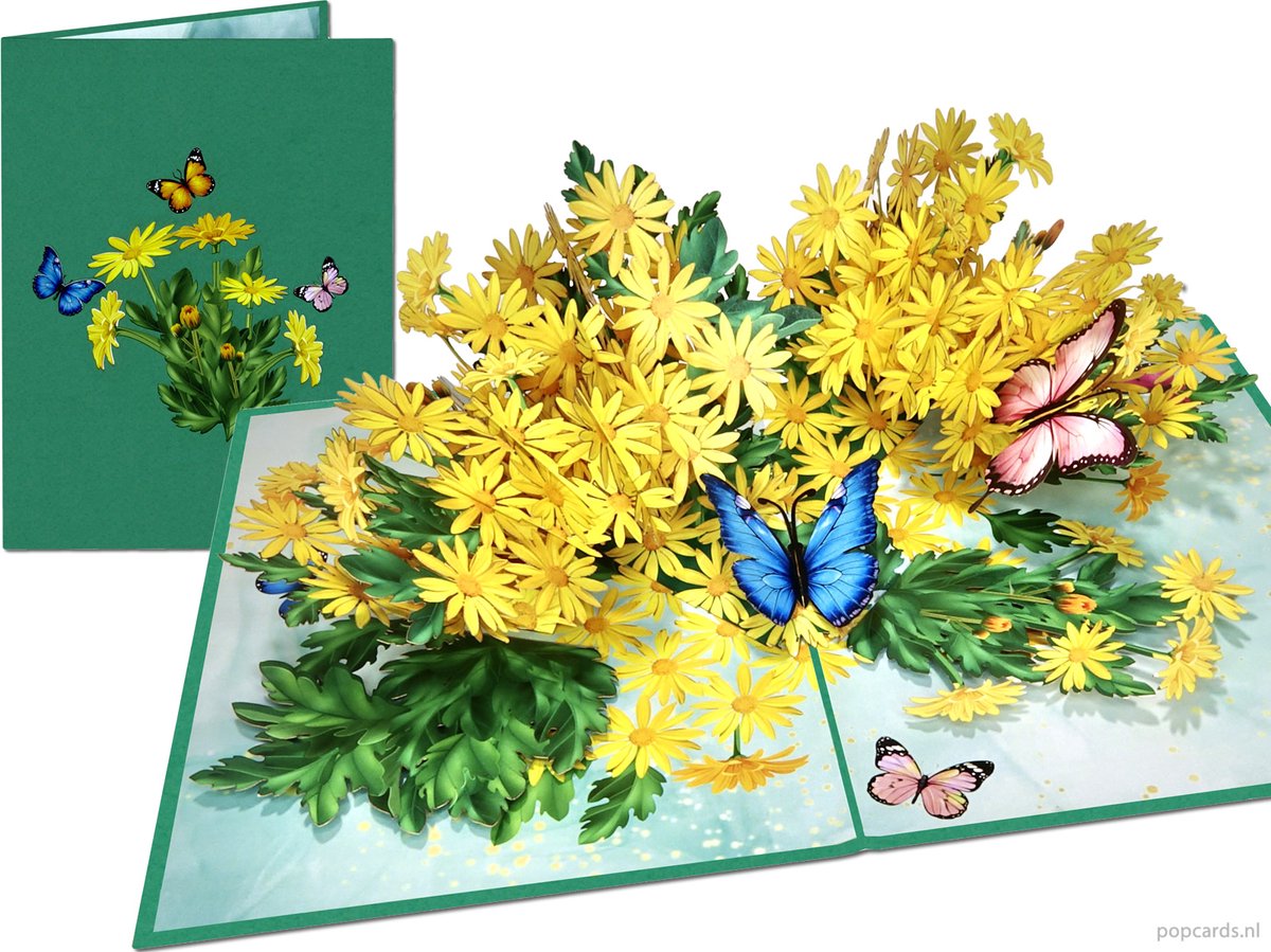 Popcards.nl pop-up kaart - Grote Wenskaart Gele Margriet Goudsbloemen met Vlinders Margrieten Pop-up Wenskaart 3D kaart
