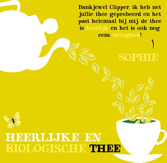 Illustratie met witte theepot die blaadjes in een kop thee giet, met tekst 'Heerlijke en biologische thee'.