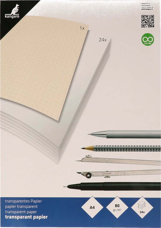 Kangarro transparant papier A4, 80 gr/m², met een voorbeeldvel met vakjes.