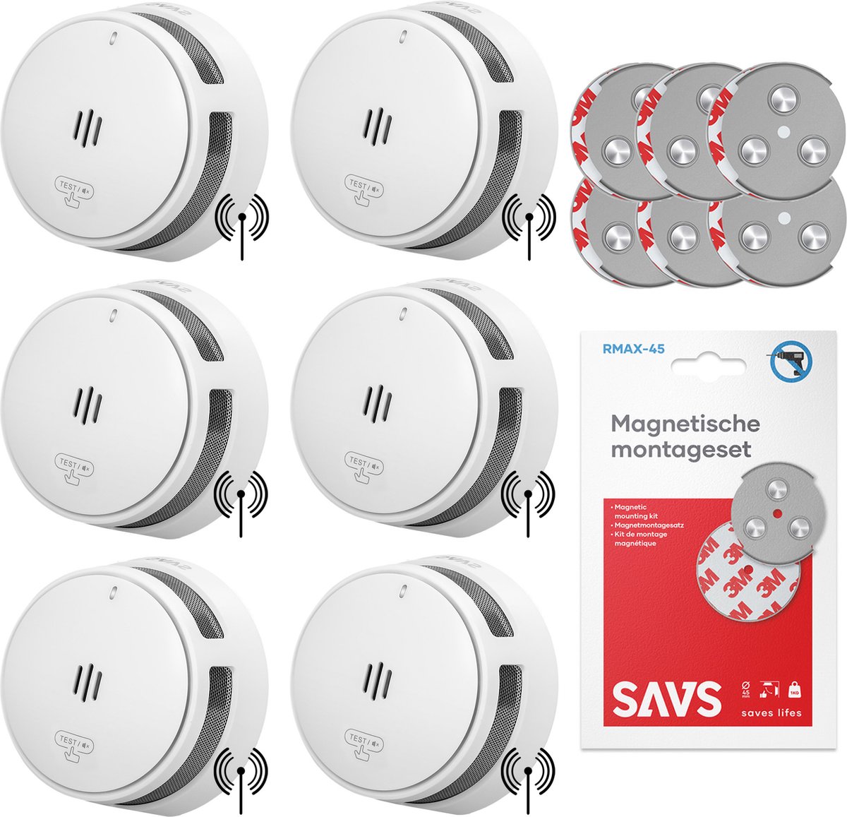 SAVS S10-W Draadloos koppelbare rookmelder - 6 rookmelders met magneet montage - LinkSmart® - 10 jaar batterij - Optioneel WiFi - Infrarood sensor - Koppelbaar brandalarm zonder boren