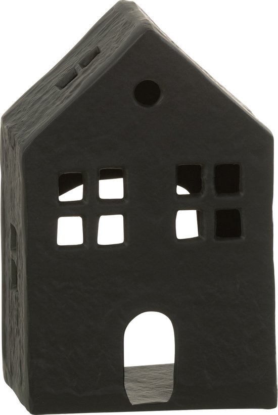 Zwart huisvormige kaarshouder met open deur en raamvormige uitsparingen.