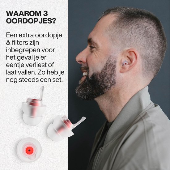 Man met een EarPeace oordopje in zijn oor. Links de verpakking van drie transparante oordopjes met rode filters.