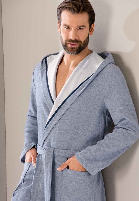 Cawö heren badjas met capuchon - denim blauw - capuchon badjas voor mannen - sportieve badjas voor heren - maat 46/48