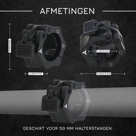 Zwarte barbell clips met quick-lock sluiting. Afmetingen: 5.08cm (2 inch) breedte, 8.38cm (3.3 inch) diepte. Geschikt voor 50mm halterstangen.