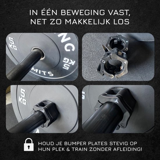 Zwarte barbell clips in gebruik met bumper plates op een halterstang. Eenvoudig vast en los te maken. Houdt bumper plates stevig op hun plek.
