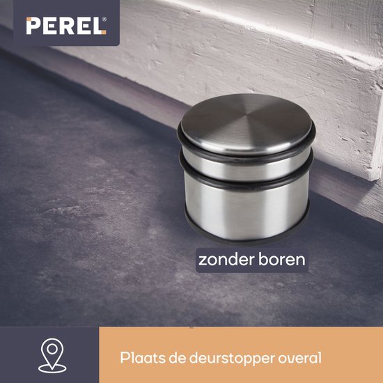 Perel Roestvrijstalen deurstopper, zonder boren, met antislip rubberen onderkant, 75 mm hoog en 90 mm diameter, voor een subtiele maar effectieve grip, ideaal voor elk interieur, grijs, 1 kg