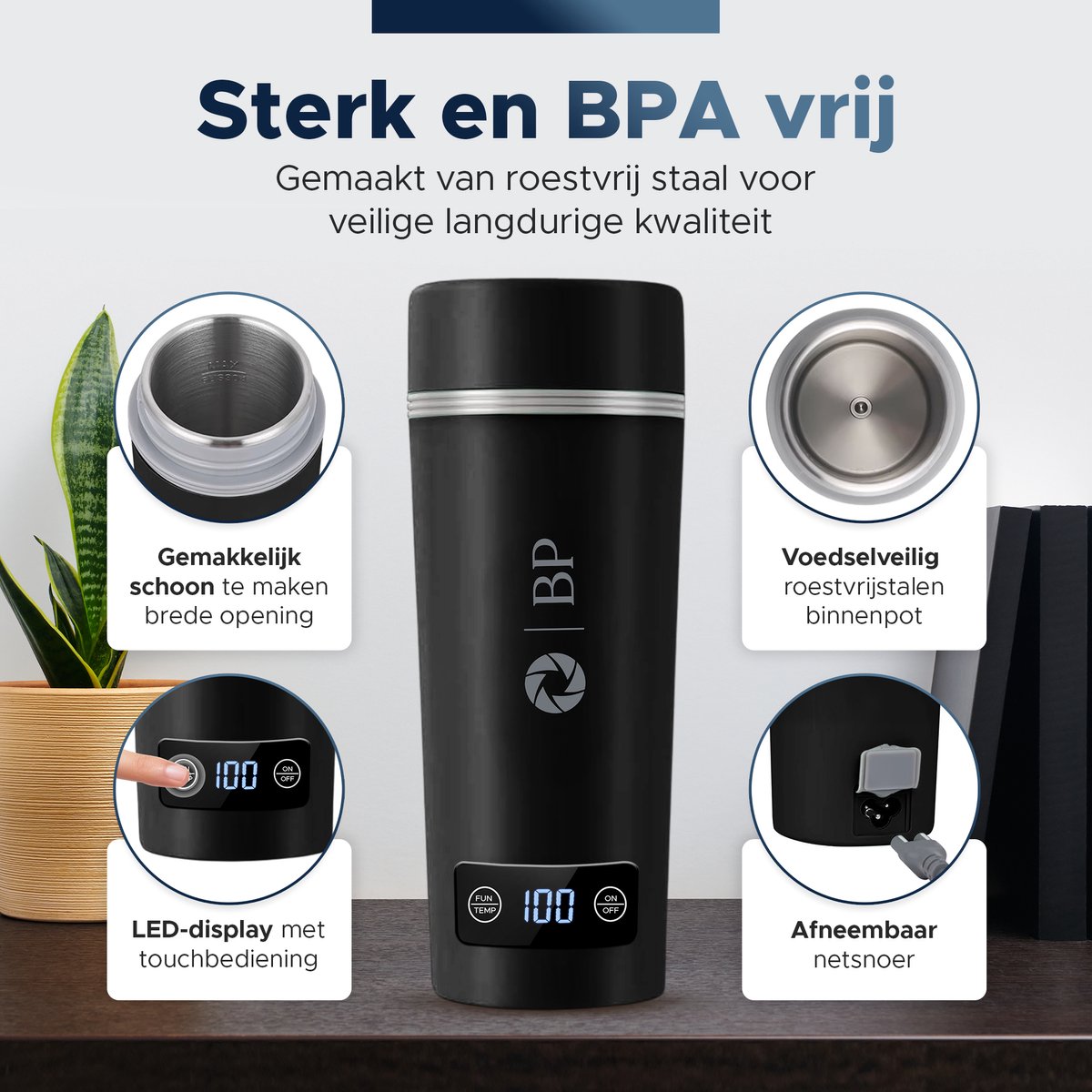 BP® Draagbare Waterkoker - Mini Waterkoker - Kleine Waterkoker - Reis Waterkoker - Camping Waterkoker - Met Temperatuurregeling - Roestvrij Staal - Zwart — afbeelding 3