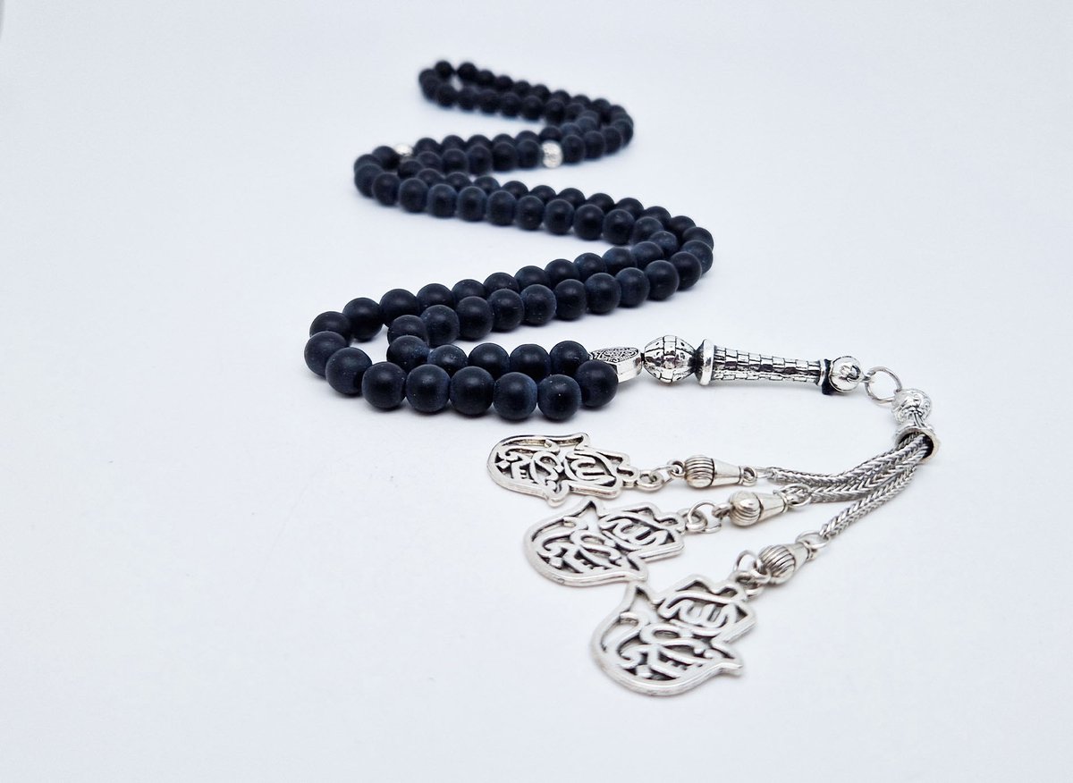 Handgemaakte tesbih "Tasbih" natuursteen "Mat zwart onyx" - Aantal kralen 99 - Diameter kralen 8MM - met metaal tassel "Maryams handpalm" - Een mooi cadeau-idee