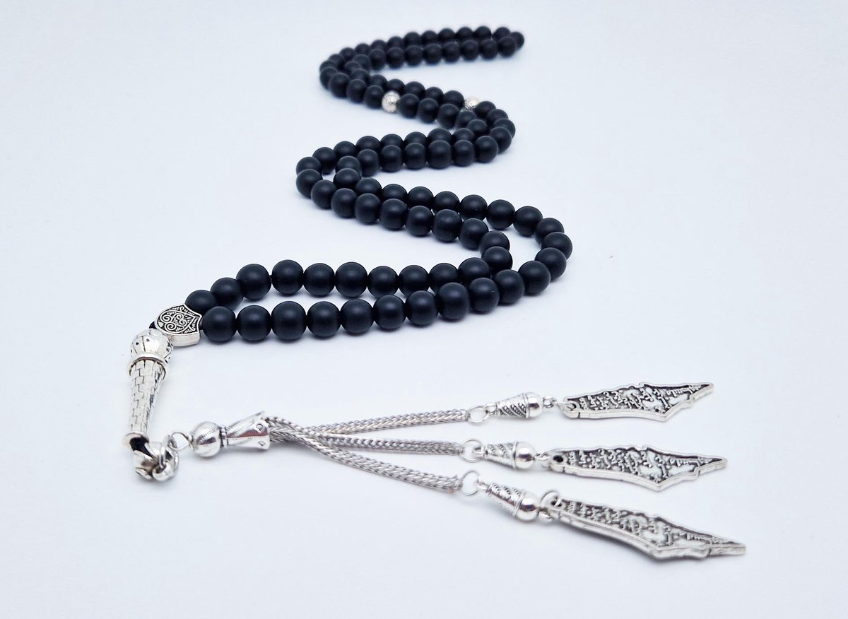 Handgemaakte tesbih "Tasbih" natuursteen "Mat zwart onyx" - Aantal kralen 99 - Diameter kralen 8MM - met metaal tassel "Palestina" - Een mooi cadeau-idee