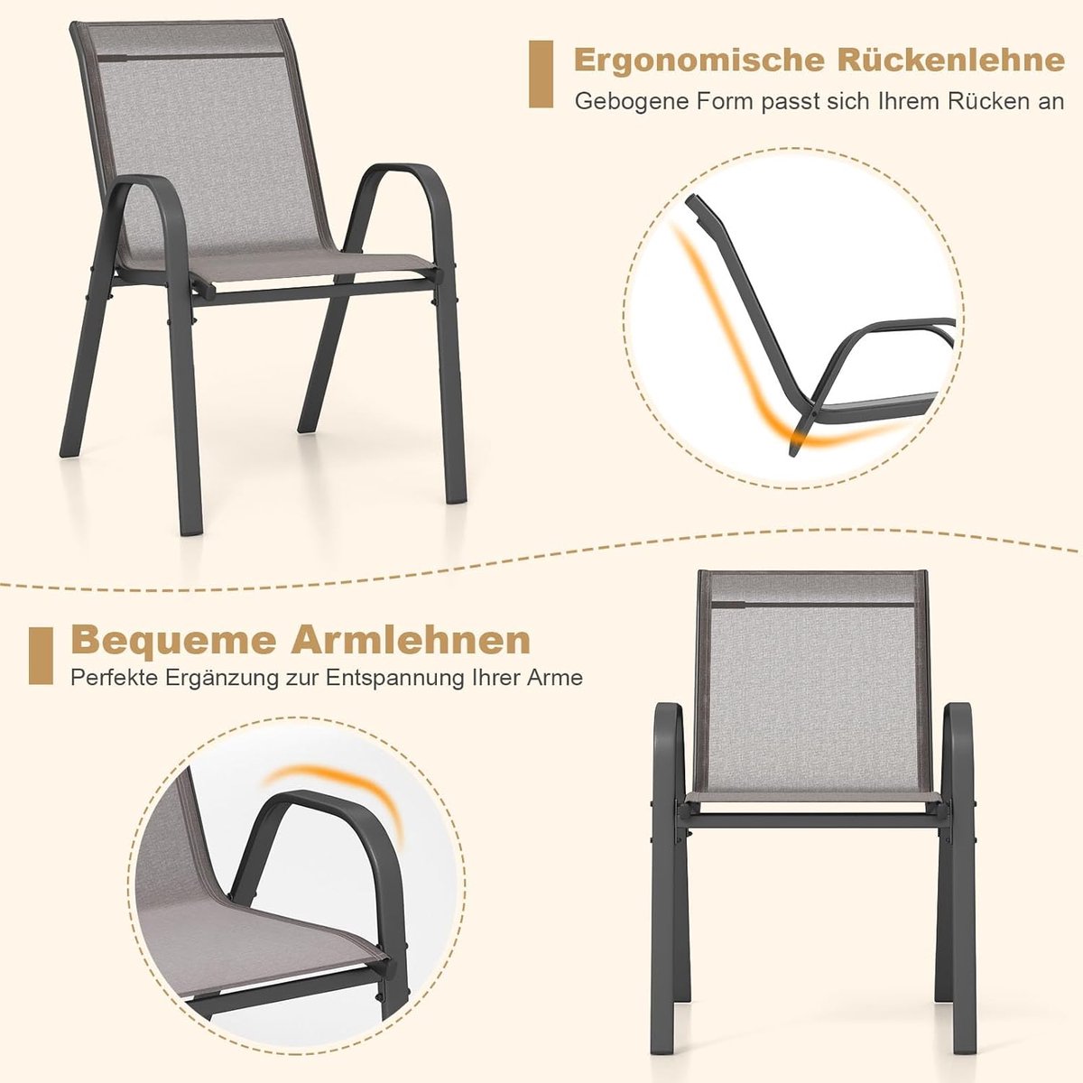 COSTWAY Set van 4 stapelbare tuinstoelen, stapelstoelen van textiel en metalen frame, terrasstoelen met armleuningen, balkonstoelen, belastbaar tot 150 kg, 56 x 70 x 84 cm, grijs thumbnail 4