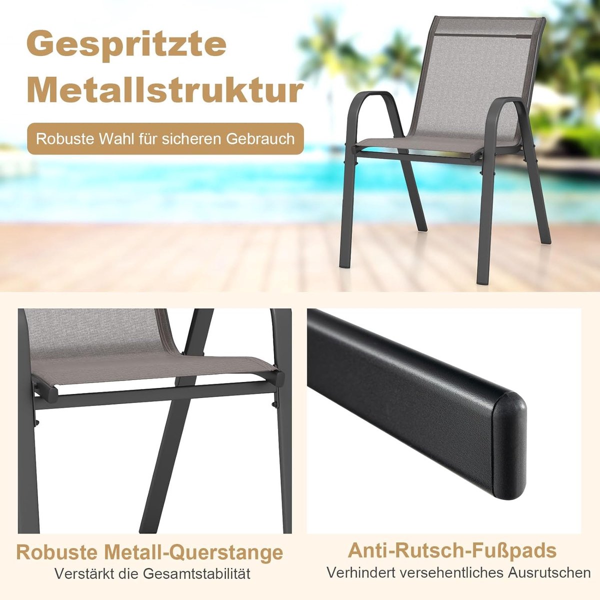 COSTWAY Set van 4 stapelbare tuinstoelen, stapelstoelen van textiel en metalen frame, terrasstoelen met armleuningen, balkonstoelen, belastbaar tot 150 kg, 56 x 70 x 84 cm, grijs thumbnail 2