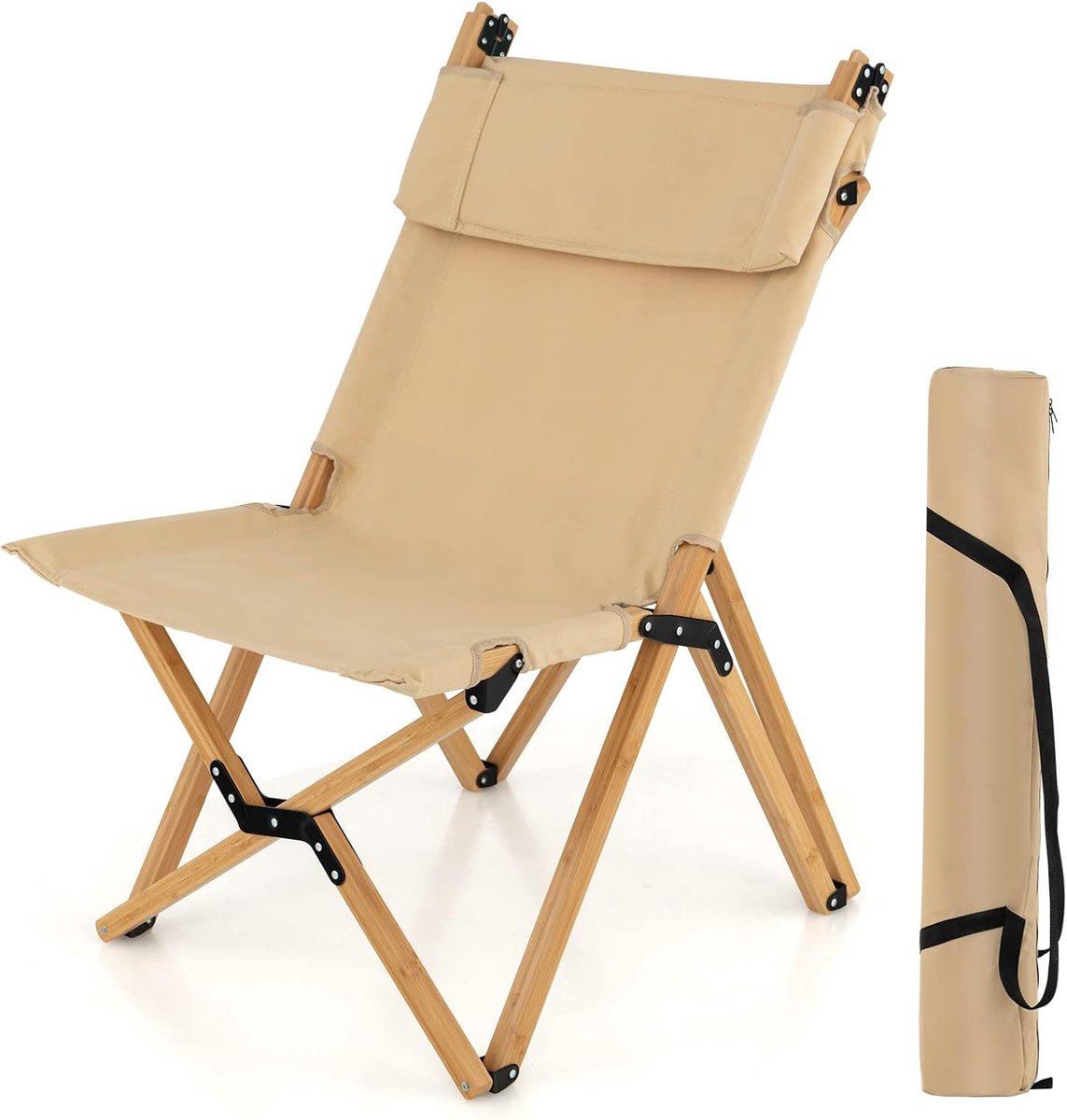 COSTWAY Campingstoel met 2-traps verstelbare rugleuning, draagbare vouwstoel van bamboe, inclusief draagtas, ultralichte klapstoel, ligstoel, strandstoel voor camping, strand, terras